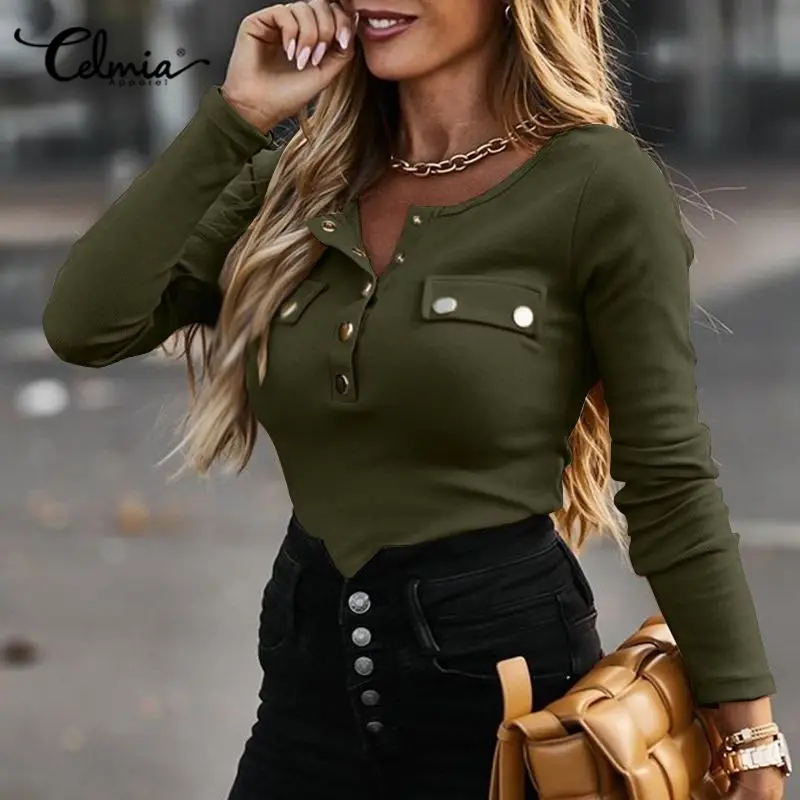 

Женская эластичная футболка Celmia, осень 2021, повседневные футболки с круглым вырезом и длинным рукавом, модные однотонные вязаные топы на пуг...