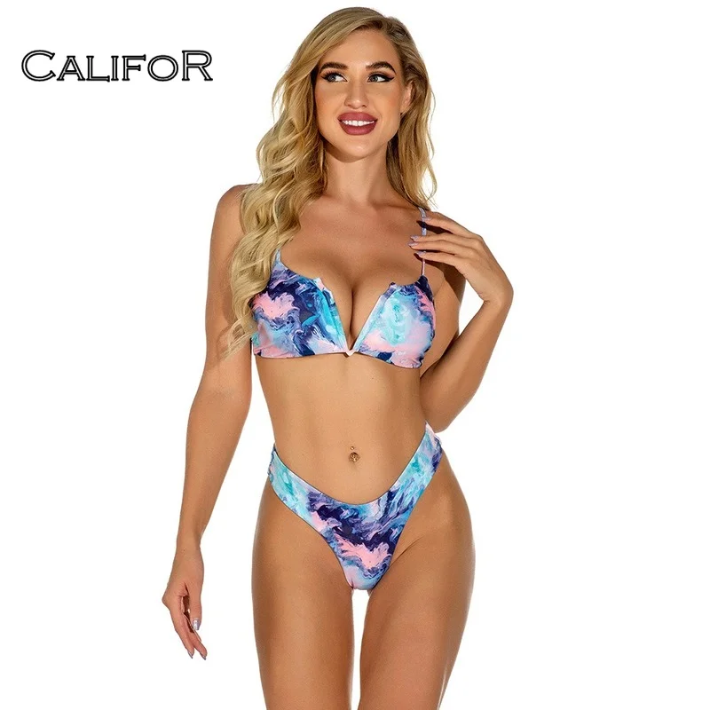 

CALIFOR Tie-dye High Wasited Push Up Sling Bikini Sets 2 Piece Summer New Arrival Pringting Sexy Swimwear Women Bathing Suit