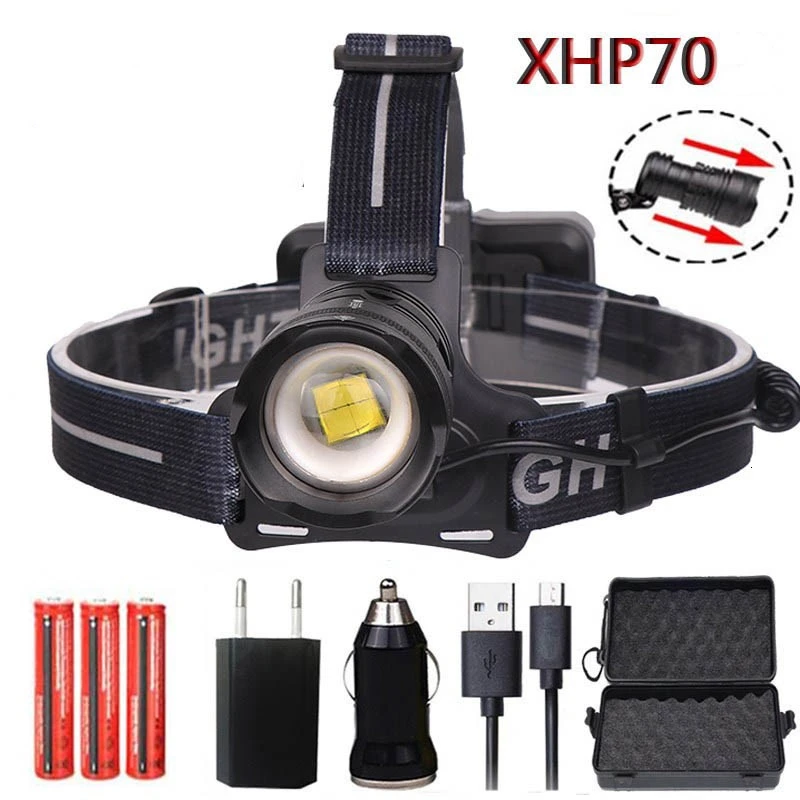 Новый супер яркий оригинальный XHP70 светодиодный 30 Вт зум налобный фонарь 5000лм