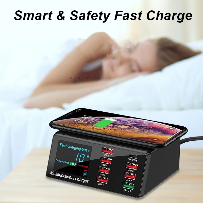 

8 Ports 100W USB Charger Quick Charge 3.0 Adapter HUB Wireless Charger Charging Station PD20W Fast Charger For iPhone 11 Samsung