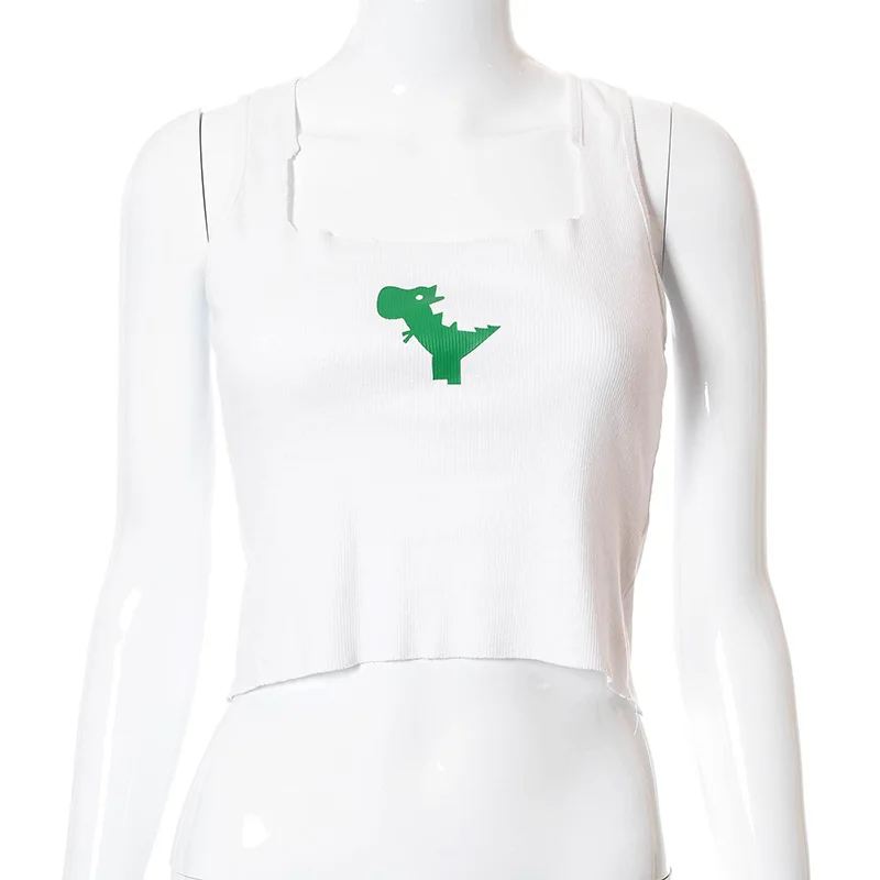 

ALLNeon Cute Green Dinosaur Print Ribbed Crop Tops Y2K Streetwear Square Neck Sleeveless White Tank Tops Summer 90s Fashion Vest