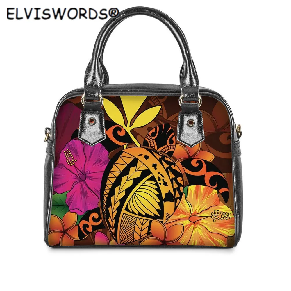 

ELVISWORDS женские модные сумки на плечо, полинезийские и листья, принт, искусственная кожа, повседневные сумки-тоут, Гавайский стиль, сумки для д...