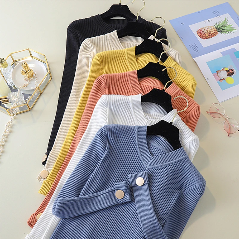 Female Knit V-Neck England Style Sweaters Basic Women autumn Winter Long Sleeve Pullovers feminine Soft Orange Tops jumpers 2019 | Женская