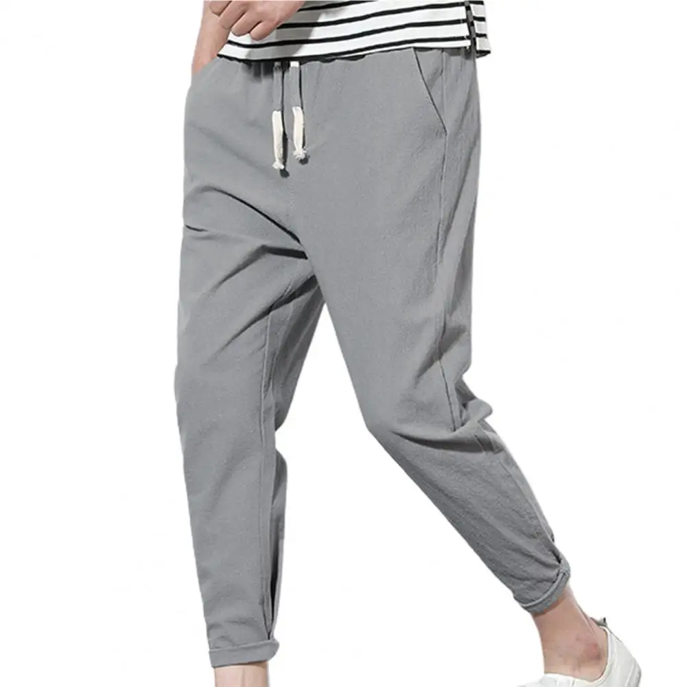 

Cotton Joggers Men Solid Color Harem Pants All Match Elastic Waist Pockets Drawstring Pants Trousers Streetwear Slim Male Pants