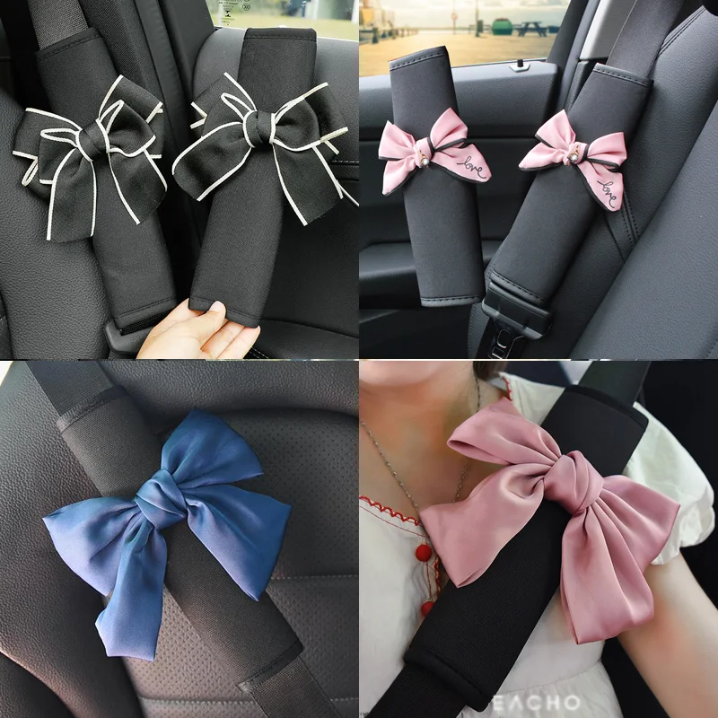 2 Pack Cute Bowknot Car Seat Belt Pads Seatbelt Protector Breathe Ice Silk Auto Seat Belt Shoulder Strap Covers Harness Pads