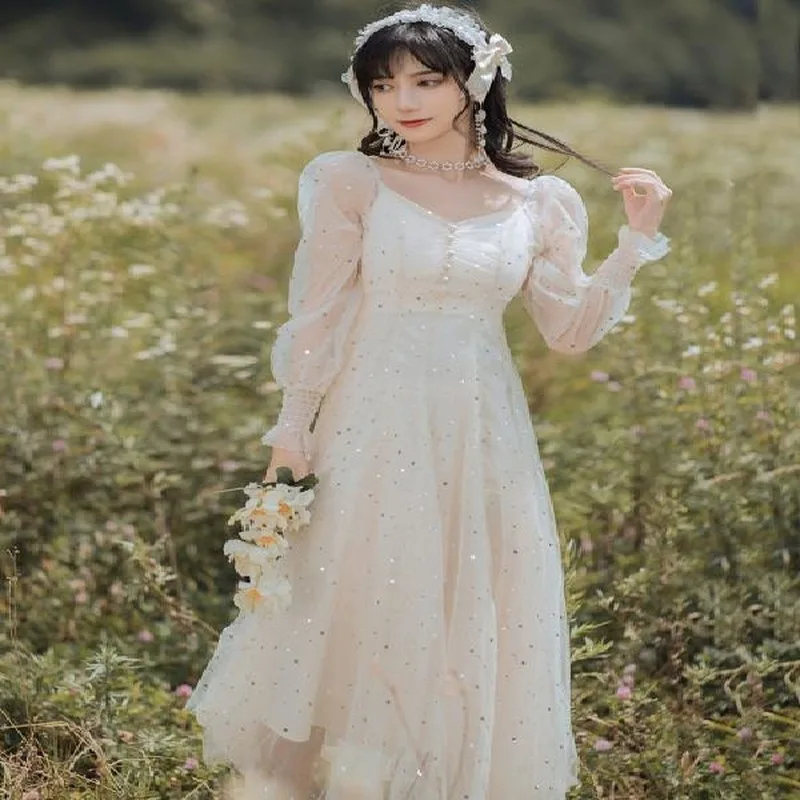 

Spring French Fairy Dress Women Elegant Patchwork Sequin Party Dress Female V-neck Sweet Kawaii Korean Dress Women 2021 New