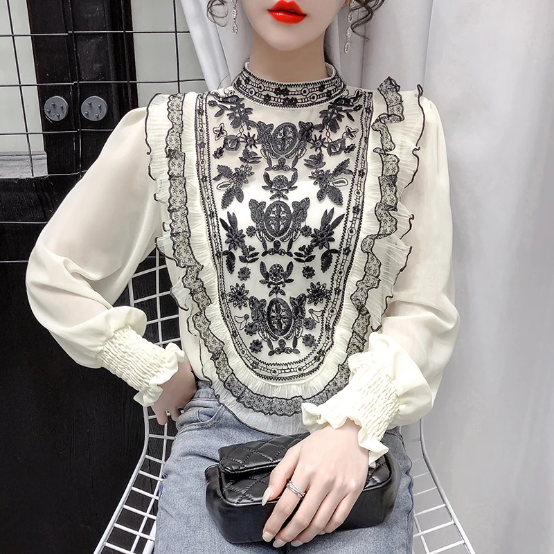 

Шифоновая женская блузка, кружевная рубашка с круглым вырезом для девушек, летний Свободный Топ с длинным рукавом, модная повседневная женс...