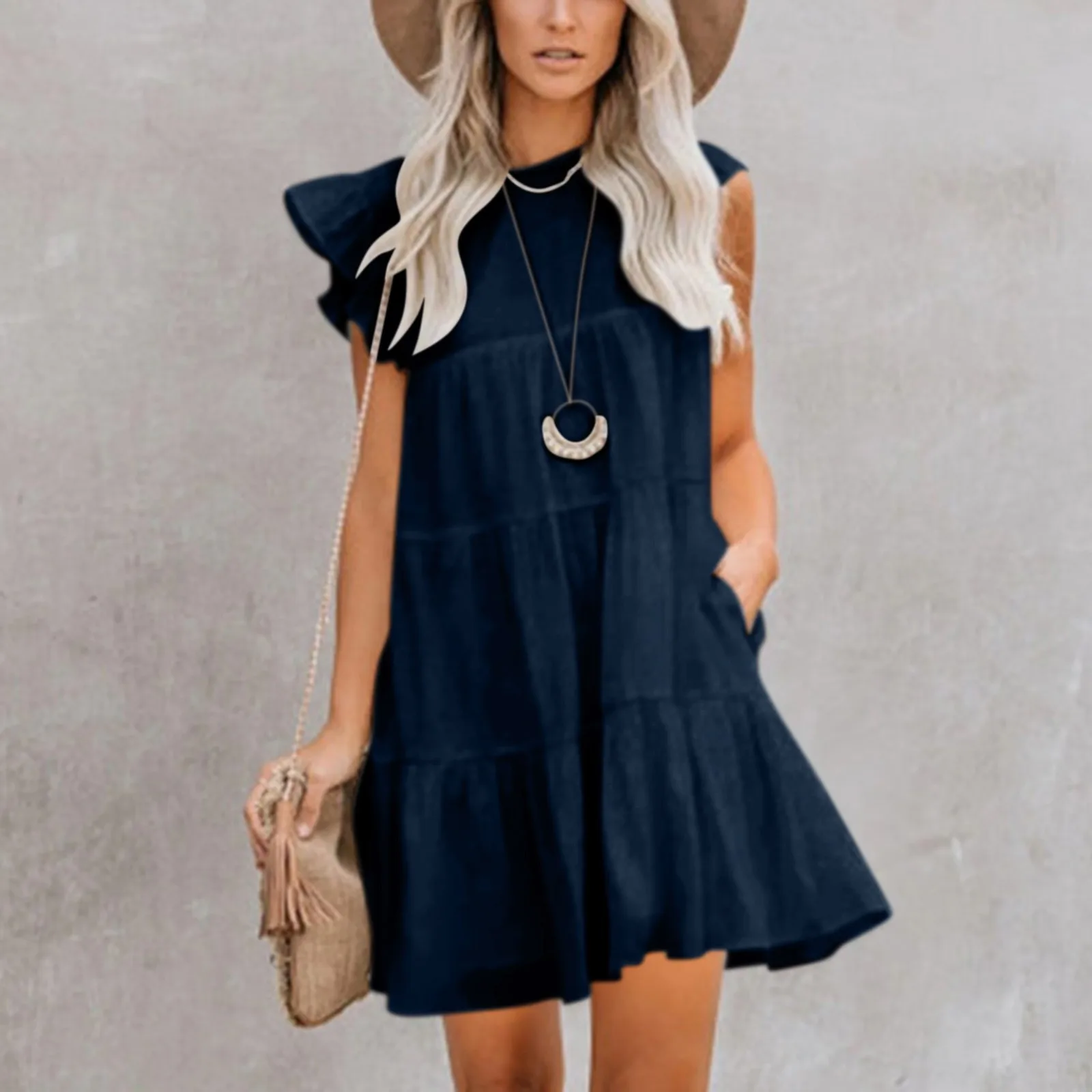 

Women'S Mini Dress Shorts Dresses Summer Women Casual All-Match Solid Color Cute Commute Fashion Dress Princess Flying Sundress