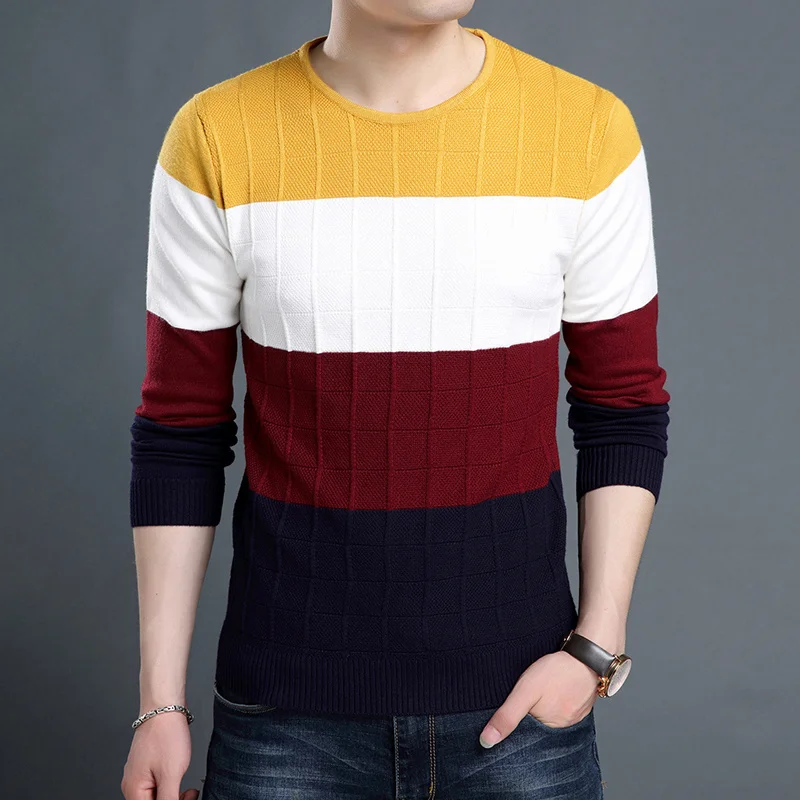 Men Korean Fashion Brand Neck Knitted Jumper O Pullover New Striped Sweater Autum Slim Fit High Quality Casual Men Clothes