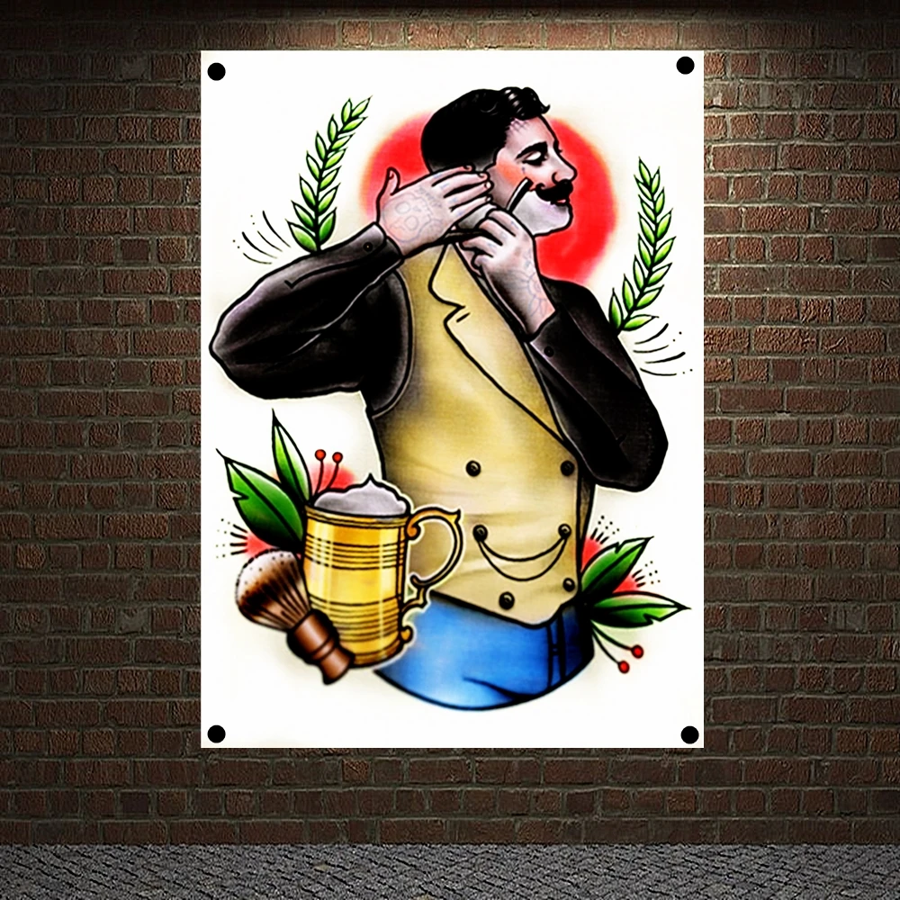 

Shaving Tattoo Banner Vintage Canvas Painting Wall Art Print Posters Barber Shop Decor Mural Hanging Flag 4 Gromments in Corners