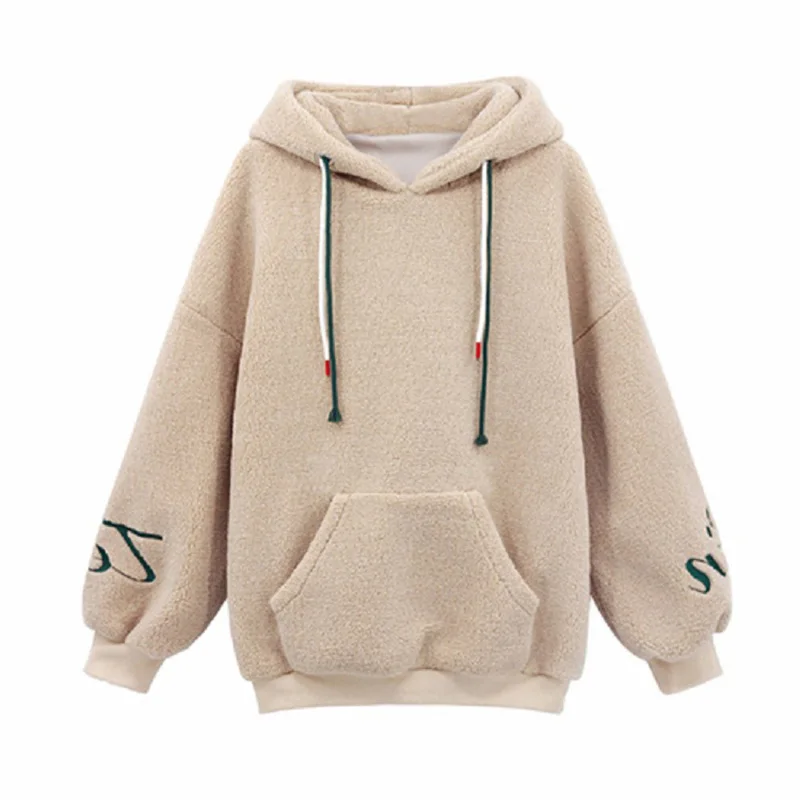 

Jane Deiune 2020 New Autumn Winter Women Lamb Wool Hoodie Korean Loose Cashmere Pockets Thickened Top Casual Pullover