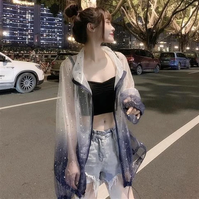 

2021 Spring Summer Women Sun Protection Long Sleeve Hollow Transparent Baseball Jacket Female Thin Loose Wild Shawl Coat X60
