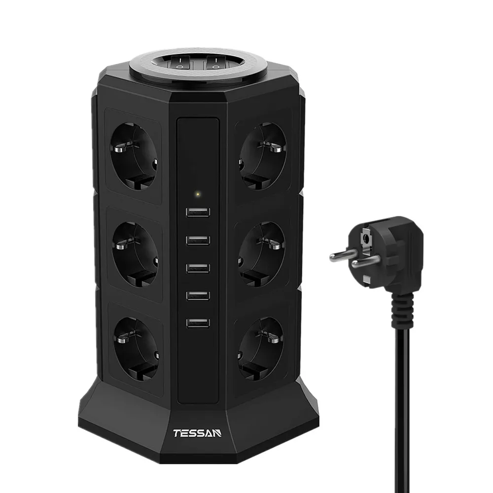 

TESSAN Power Strip Tower 12 AC Outlets 5 USB Ports On/Off Switch 2M/6.5ft Extension Cord EU Plug Multiple Socket for Home/Office