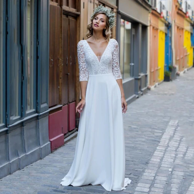 

Bohemian Wedding Dress 2021 Sexy V Neck Short Sleeves Backless Lace Wedding Gown White Satin African Bridal Dress