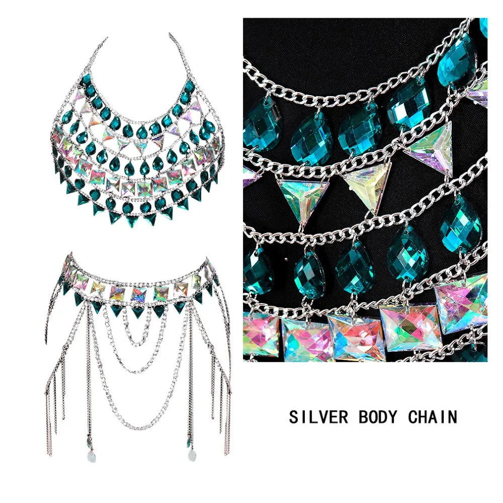 Boho 1 комплект, металлическая цепочка, бюстгальтер на бретельках для тела, кристалл, нагрудный ремень, украшение с зажимом, блестки, клетчатый Топ, плюс размер, женская одежда в стиле рейв на Хэллоуин