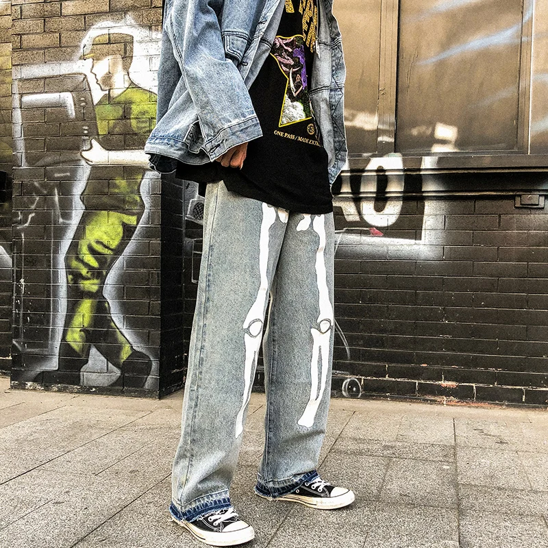 Новая зимняя серия han популярный дизайн логотипа фосфоресцирующие кости свободные Джокер прямые джинсовые брюки - Цвет: Бежевый