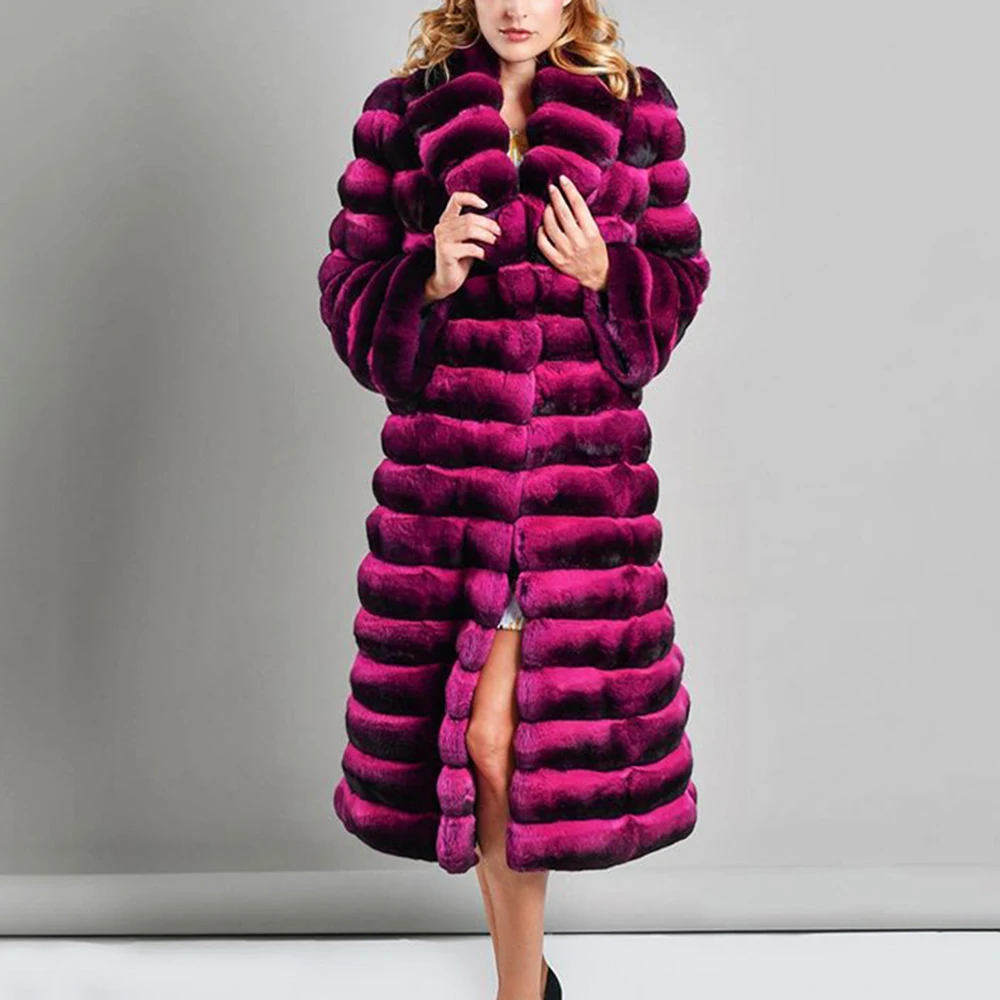 Fashion 110cm Natural Rex Rabbit Fur Coat with Lapel Collar 2022 Winter New Genuine Rex Rabbit Fur Coats Thick Warm Fur Overcoat