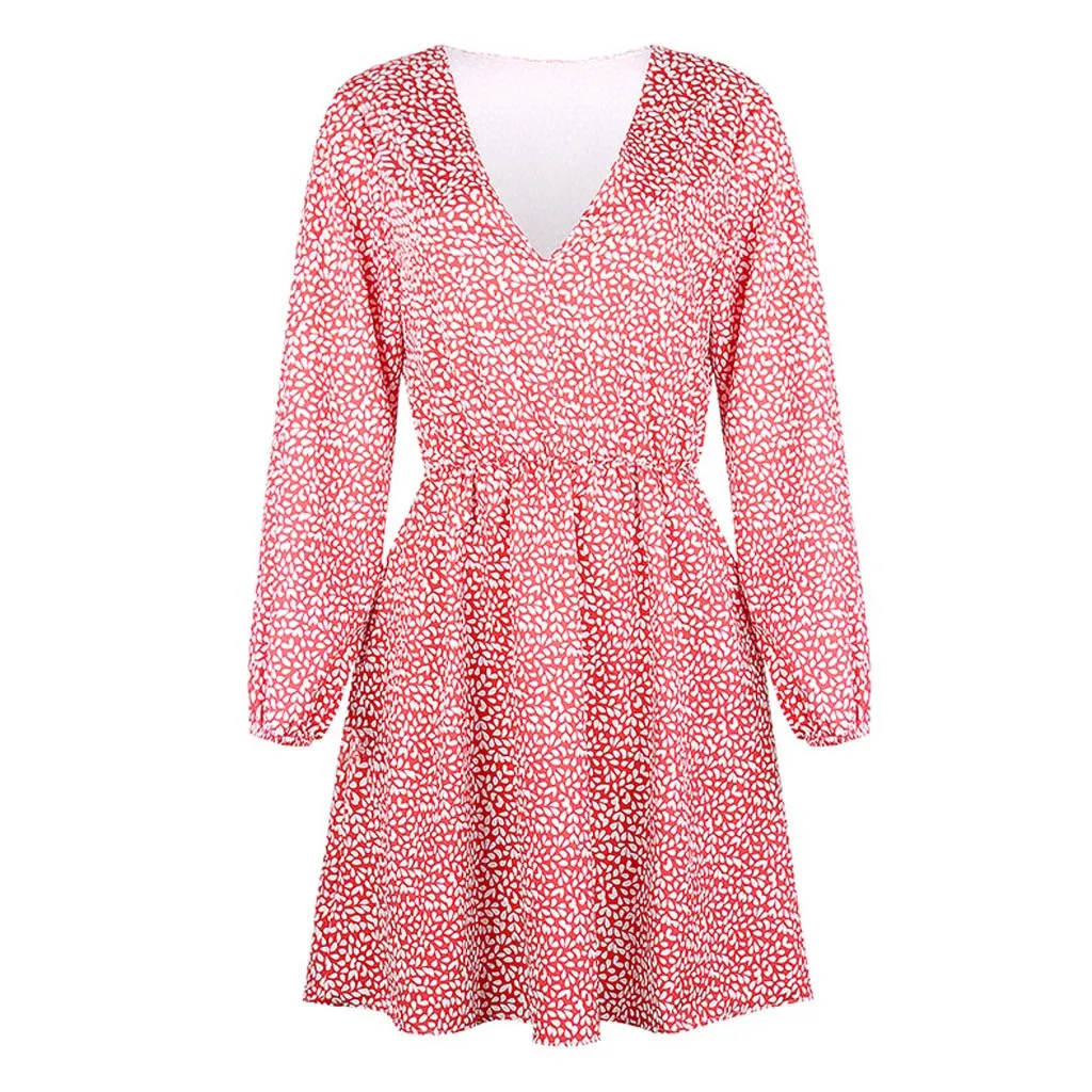 Женское модное платье с длинным рукавом и V-образным вырезом принтом до колена