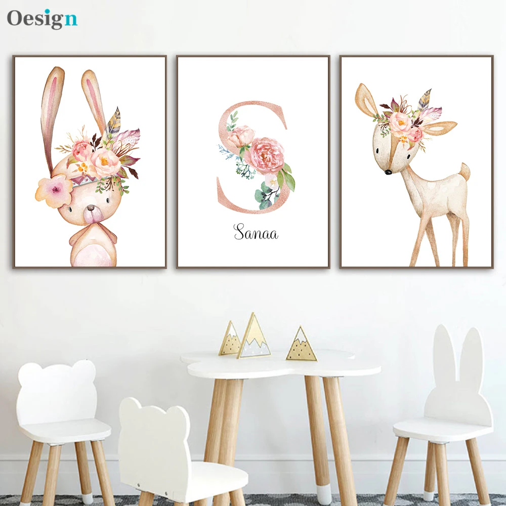 

Baby Posters Personalized Girl's Name Custom Poster Nursery Prints Pink Flowers Wall Art Canvas Painting Pictures For Girls Room