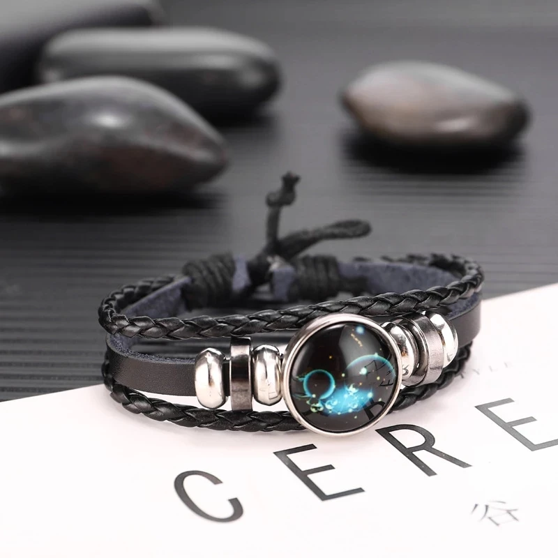 

Twelve Constellation Round Glass Adjustable Handmade Leather Black Bracelet Men's Alloy Woven Multilayer Bracelet Jewelry