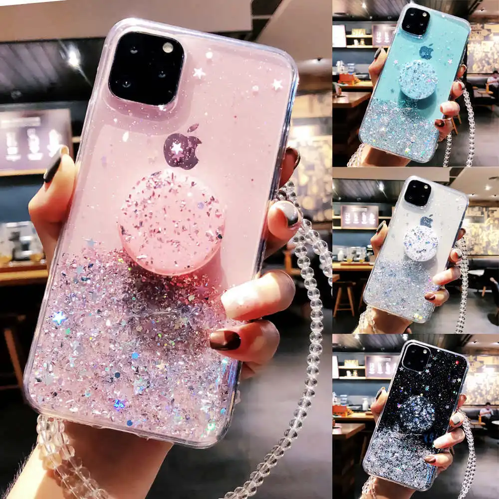 

Bling Glitter Case Voor Iphone 12 Pro Max 11 Pro 11 Xs Xr Xs Max 6 S 6 8 Plusslim Case Met Standhouder Telefoon Gevallen Socket