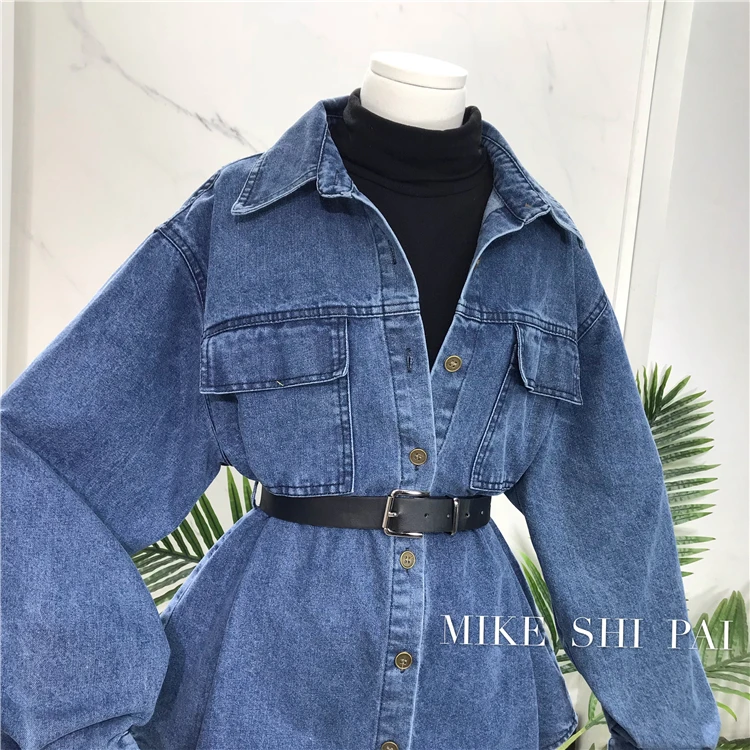 

2021 Spring College Style Solid Color Denim Shirt Mid-Length with Belt Slimming Women's Casual Loose Jeans Coat Tops