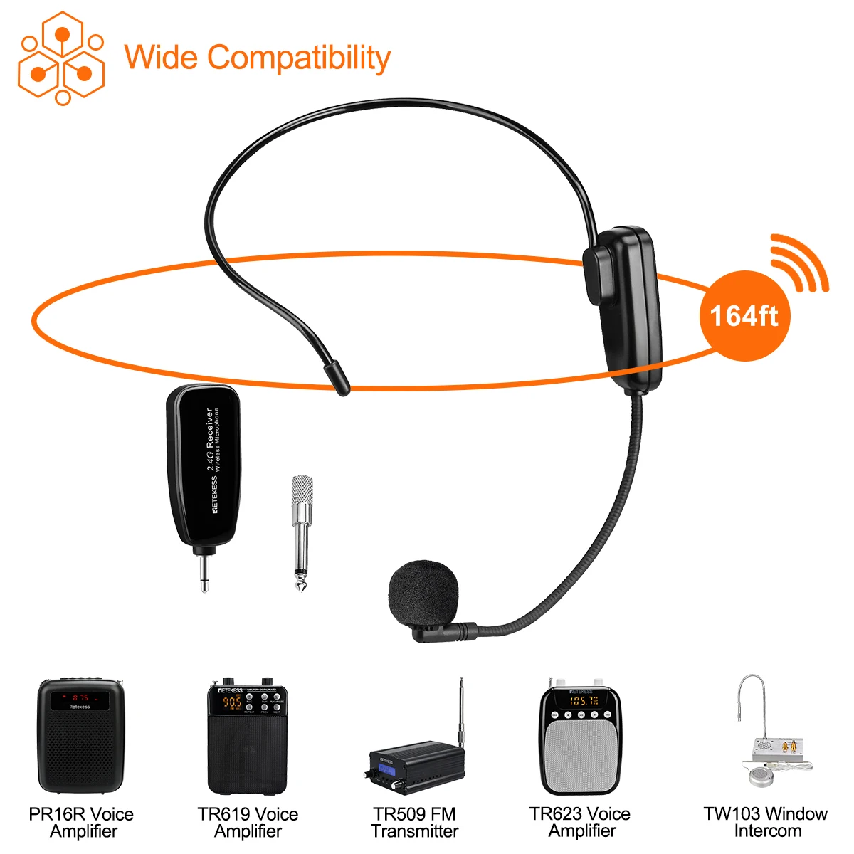 Retekess TT123 2.4G Head-mounted Wireless Microphone Transmitter With Receiver For Voice Amplifier Speaker Teaching Tour Guide