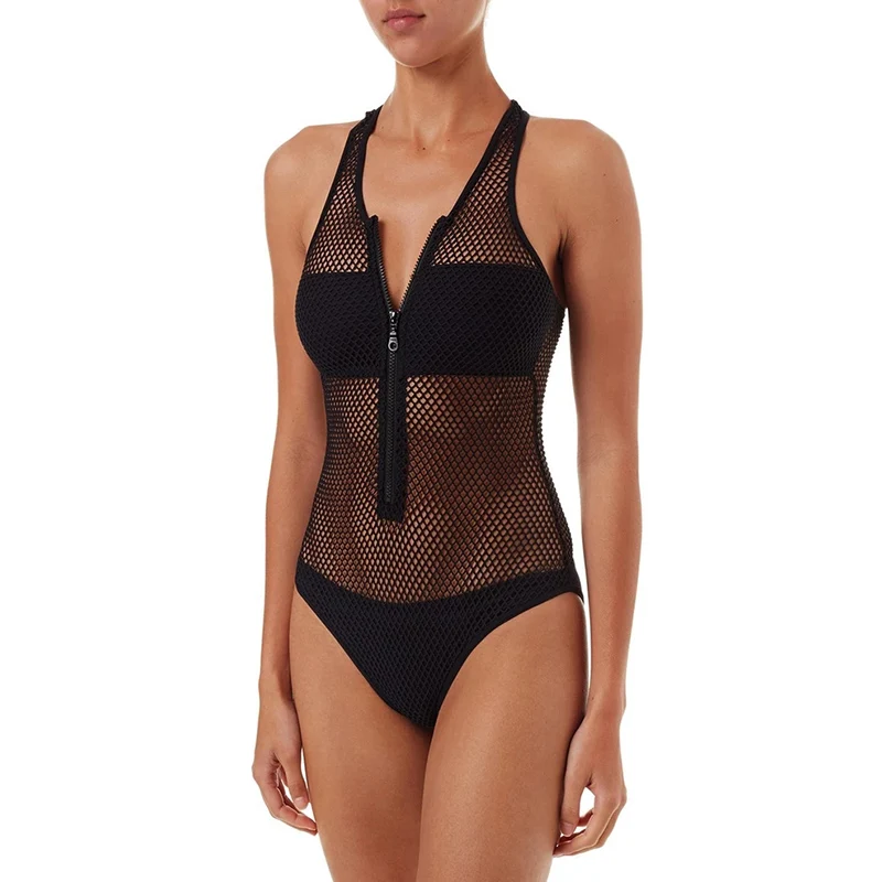 Sexy Mesh One Piece Swimsuit Women Swimwear Zipper Front Splicing Sheer Monokini Cut Out Bathing Suit Bodysuit Beachwear | Спорт и