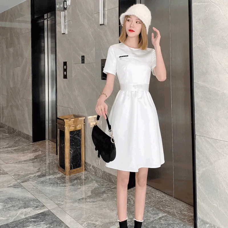 

2021 spring and summer new temperament casual slimming classic round neck nylon dress