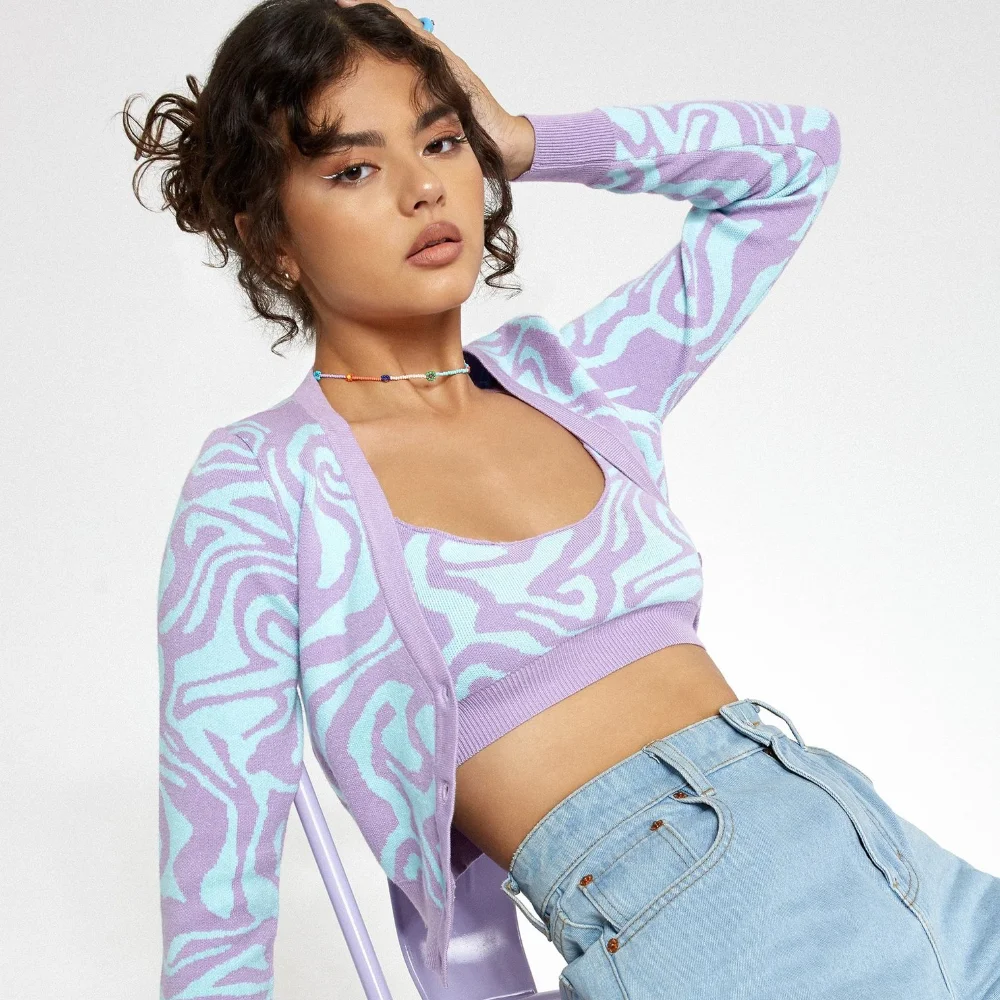 

Вязаный кардиган Y2K с волнистым принтом, короткий топ, осень 2021, пикантное винтажное пальто с длинным рукавом, топ, зеленый свитер на пуговиц...