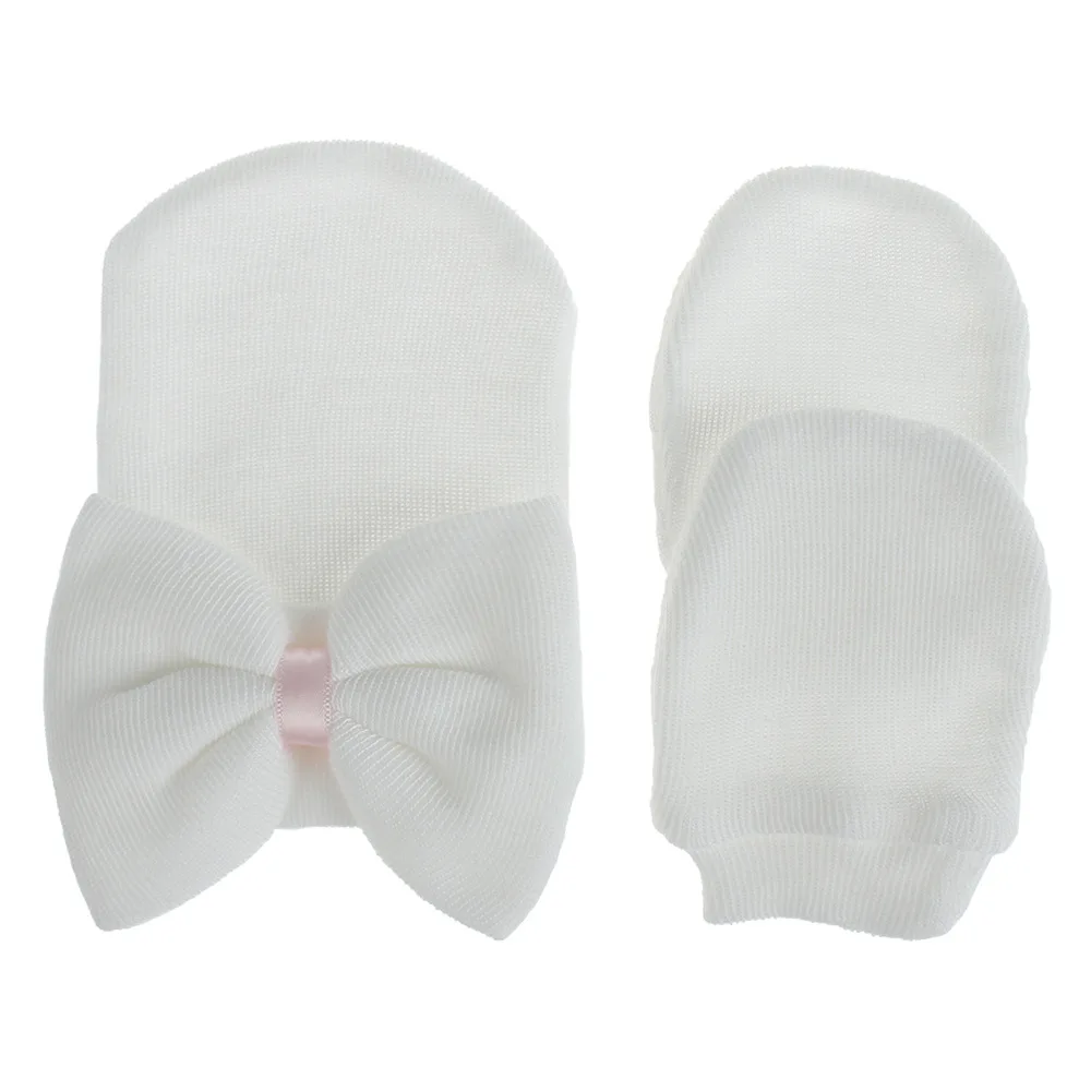 

Newborn Baby Big Bow Knitted Stripe Gloves Hat Set Cute Baby Pullover Hat Newborn Shooting Props Autumn Winter Baby Accessories