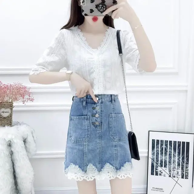 2020 New Summer Wome Chiffon Lace Blouse Tops+Splice Package Hip Jeans Skirt 2 Piece Set Female Two Piece Suit  Sexy Outfits B46