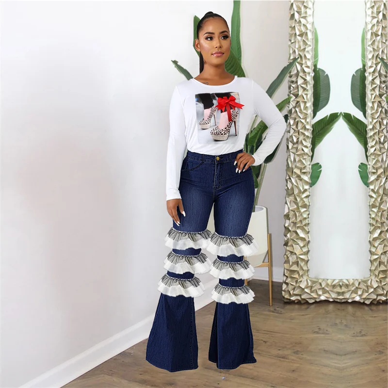

2022 Fashion Cool Women's High Waist Skinny Flare Jeans New Lace Stitching Bell Bottom Ladies Streetwear Wide Leg Denim Trousers