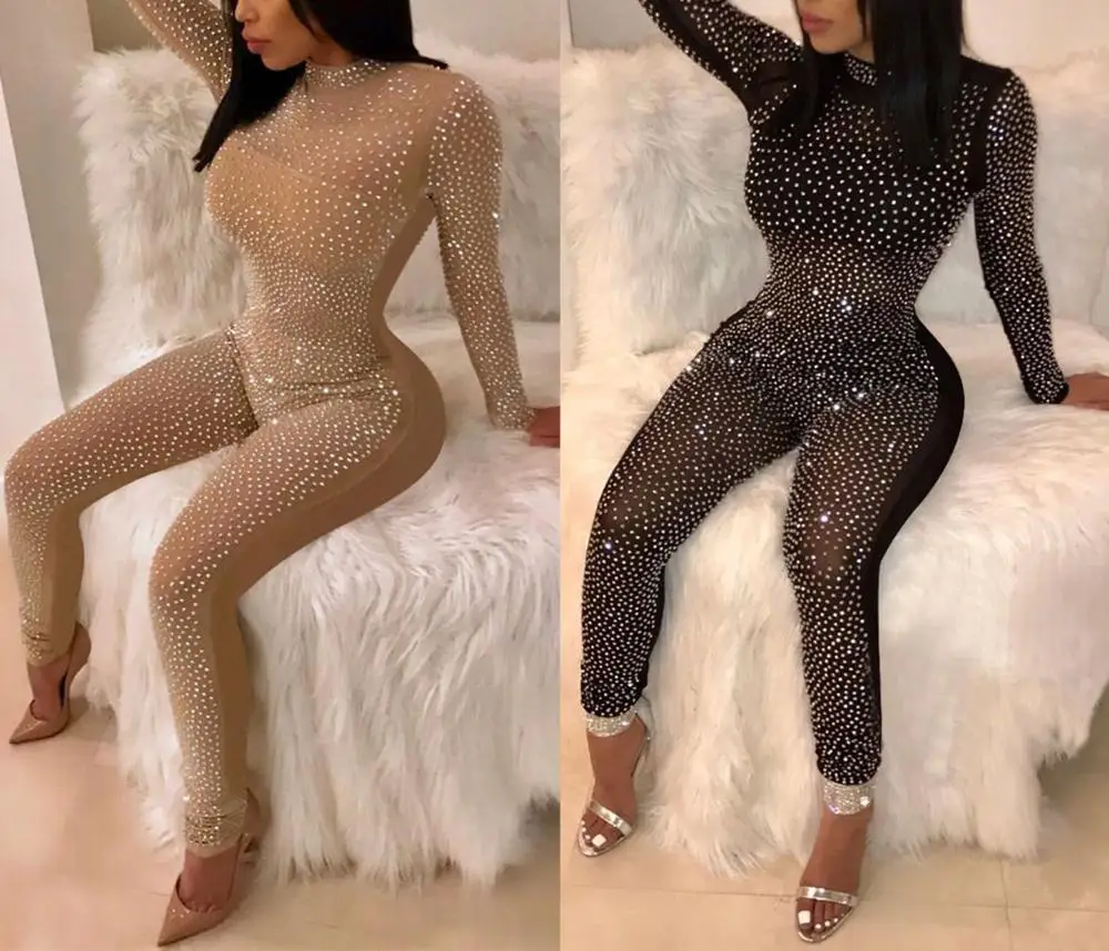 SALE Black Jumpsuit Women Summer See Through Turtleneck Bodysuit Lace Mesh Bodies Ladies Oneies F0435 Rhinestones Long Sleeve