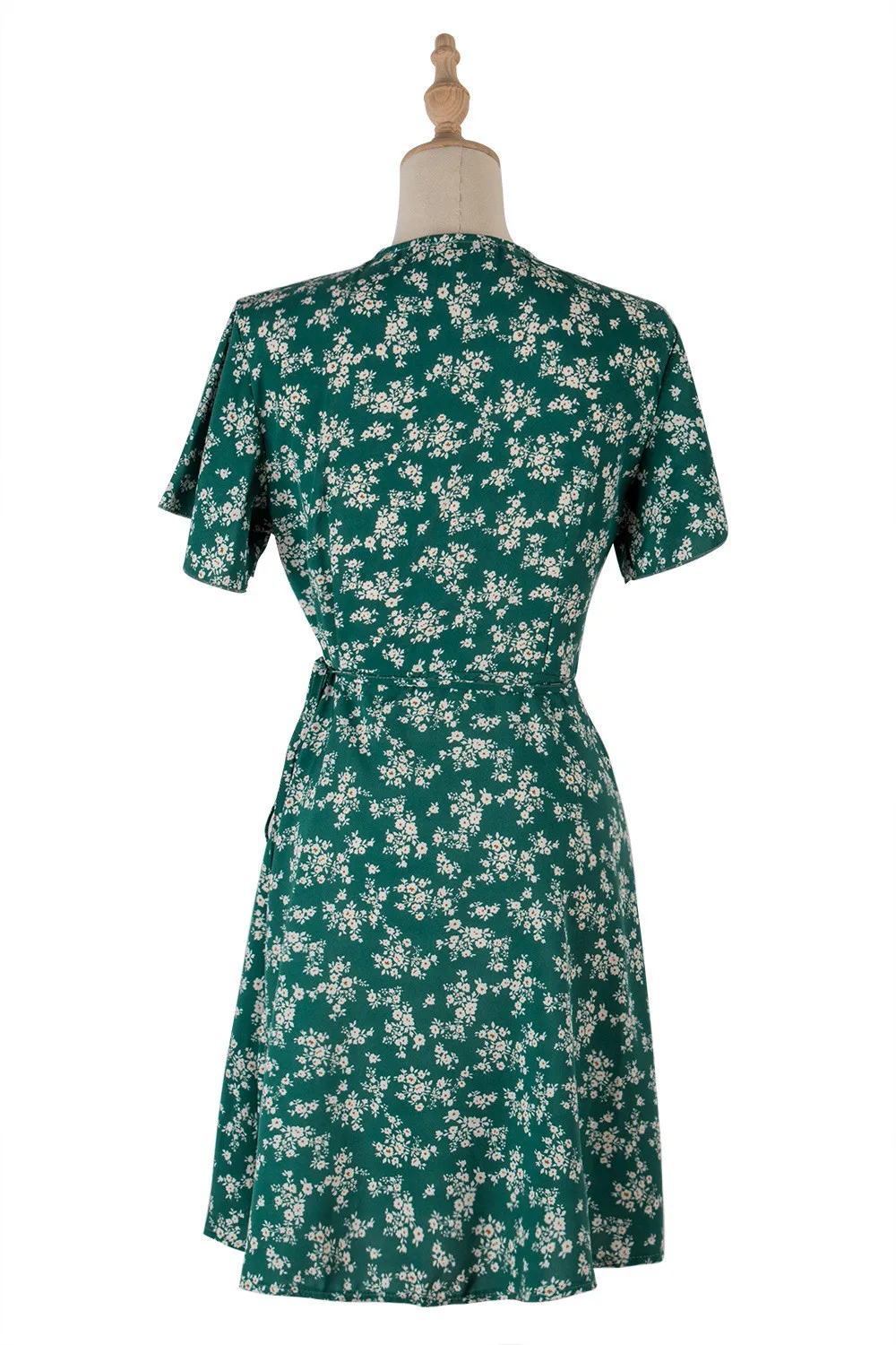 

Women Floral Green Holiday Dress Summer V Neck Short Sleeve High Waist Bandage Printed Beach Dresses Hawaii Gown Female Clothing