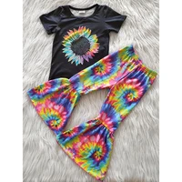 wholesale baby girls fashionable clothing sunflower tie dye shirt bell bottom pants sets infant kids boutique children outfits