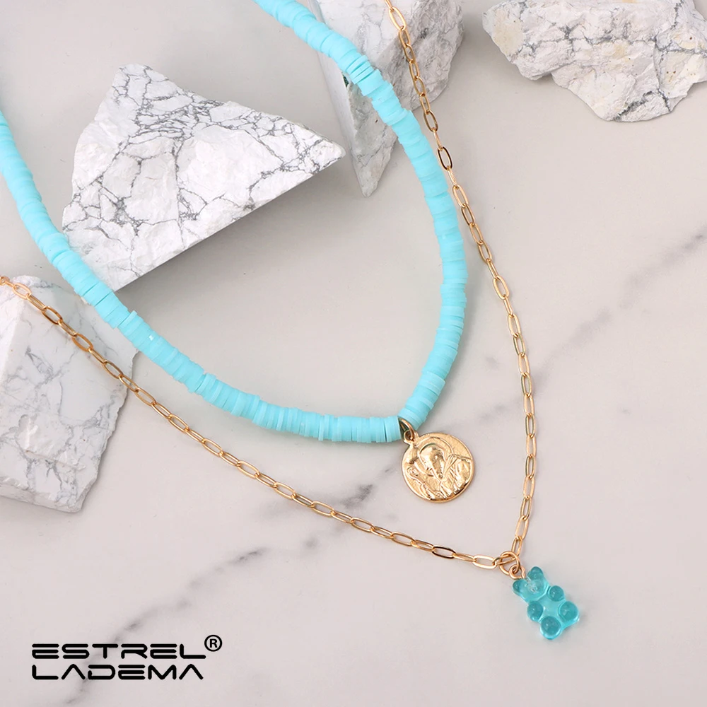 

Summer Blue Portrait Coin Clay Beaded Choker Layered Necklace For Women Cartoon Bear Pendant Chain Necklaces Sweet Jewelry Gifts