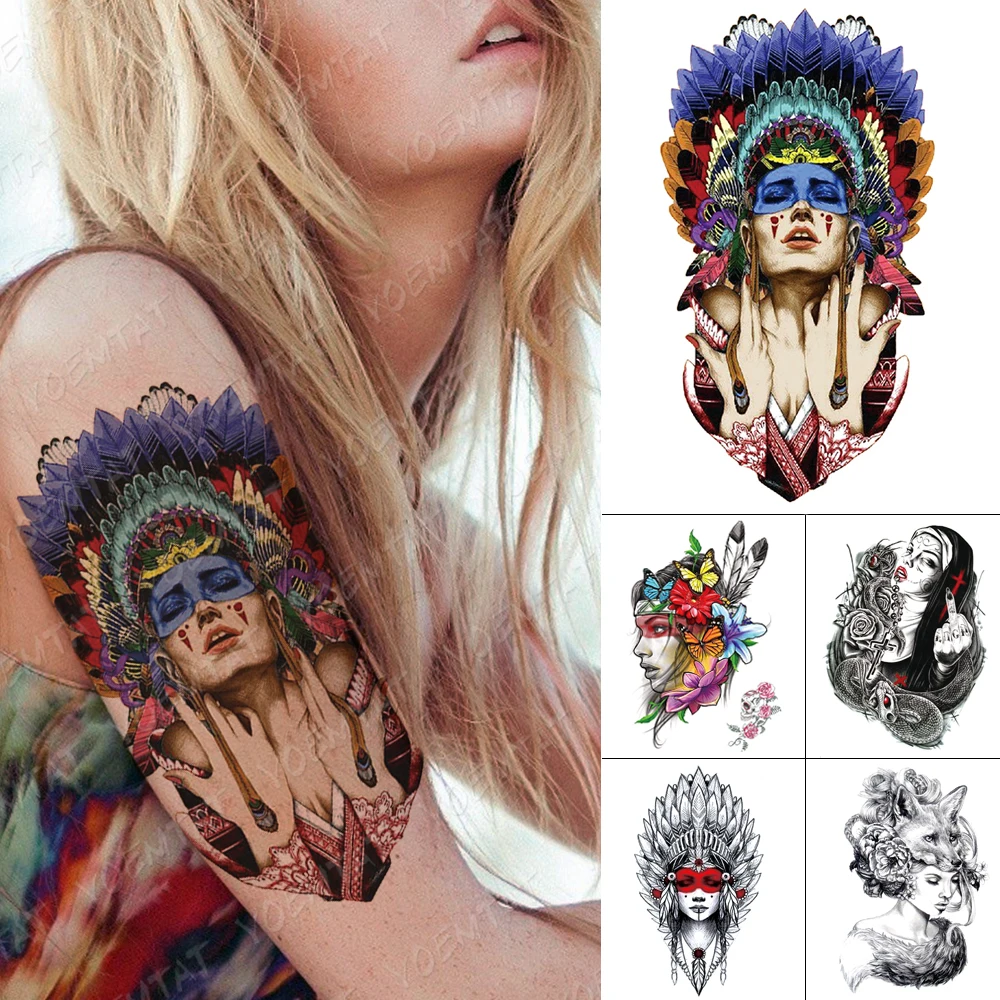 

Waterproof Temporary Tattoo Stickers Witch Shaman Indian Wreath Color Flash Tattoos Female Arm Thigh Body Art Fake Sleeve Tatoo