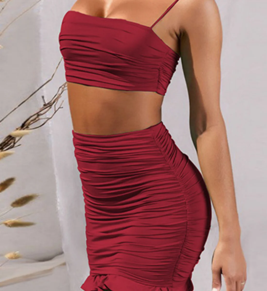 

Ruffles Ruched Drawstring Club Women Sets Spaghetti Strap Sexy Party Skinny Crop Top and Mini Bodycon Skirts 2 Piece Outfits