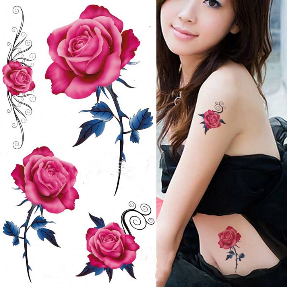

Sexy Cute Flowers Red Rose Waterproof Female Long Lasting Temporary Tattoo, 10X17 CM Beautiful Sexy Body Painting Tattoo Sticker