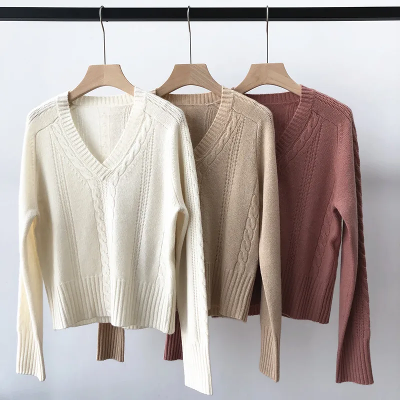 Women Sweater 2021 Early Autumn Simple V-neck Long-sleeved Slim Solid Color Twist Knit Sweater Cashmere Top Women