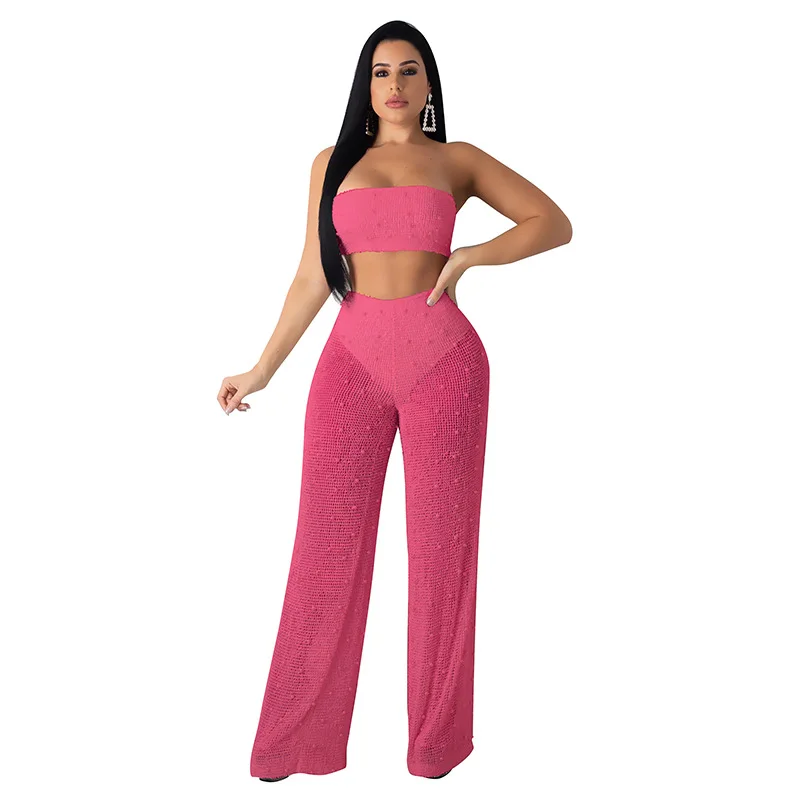 

2020 Hot Selling Hot Selling European and American Hollow Wide Leg Pants Suit Sexy Large Knitted Wrap-around Two-Piece Women