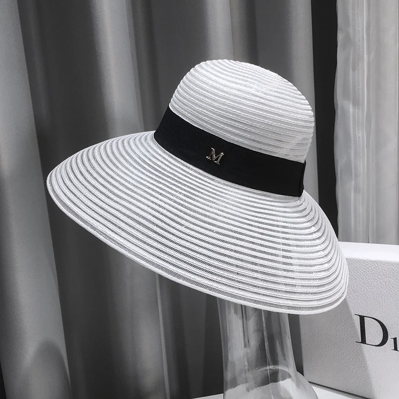 

Hepburn Style Broad-Brimmed Hat M Standard Bright Silk Sun Hat Female Fashionable Stylish Summer Beach Trip Sun Protection Sun