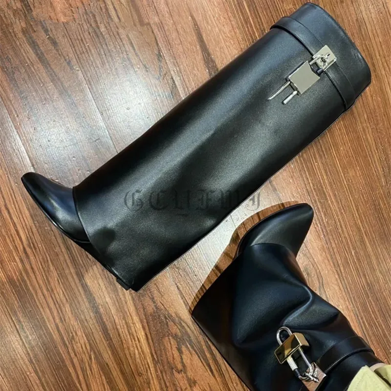 

New Style Women Genuine Leather Ankle Boots Ladies Metal Shark Lock Boots Mujer Pointed Toe Zipper Wedges High Heels Knee Boots