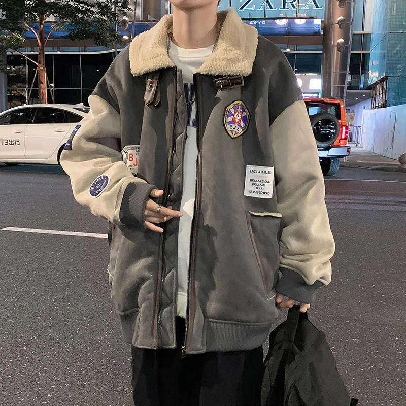 Men's Fashion Imitation Lamb Velvet Jacket Winter Plus Velvet Thickening Tooling Cotton Clothing Trendy Brand Loose Warm Jacket