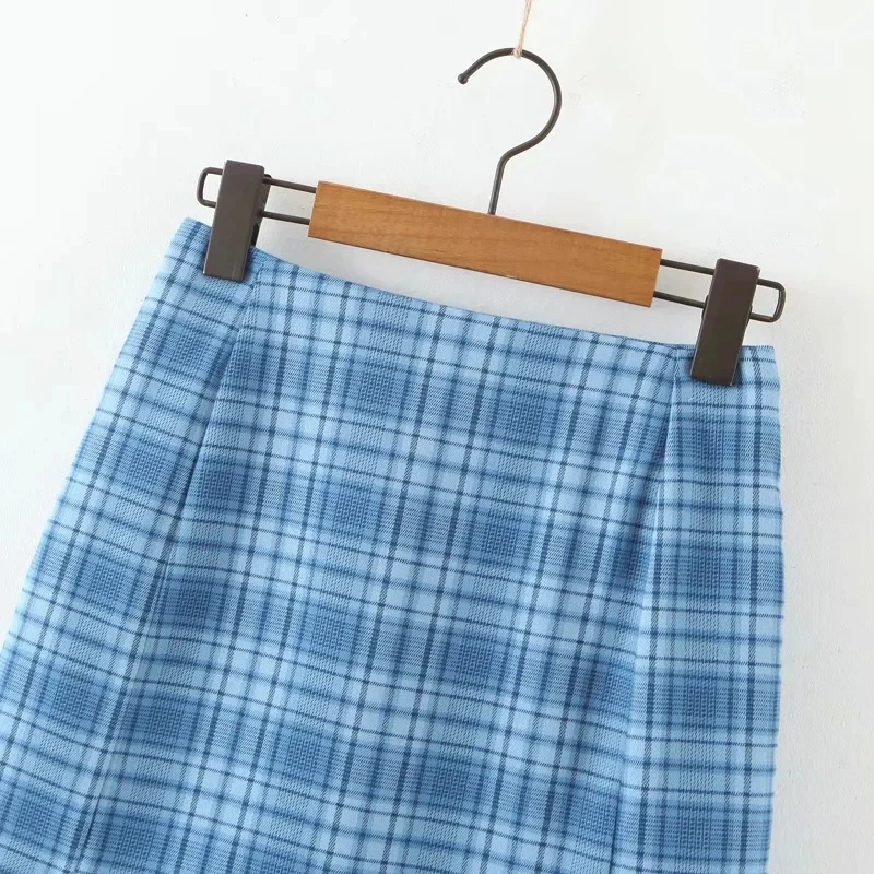 Женская юбка в клетку Повседневная синяя с высокой талией и разрезом на боку 2020 |