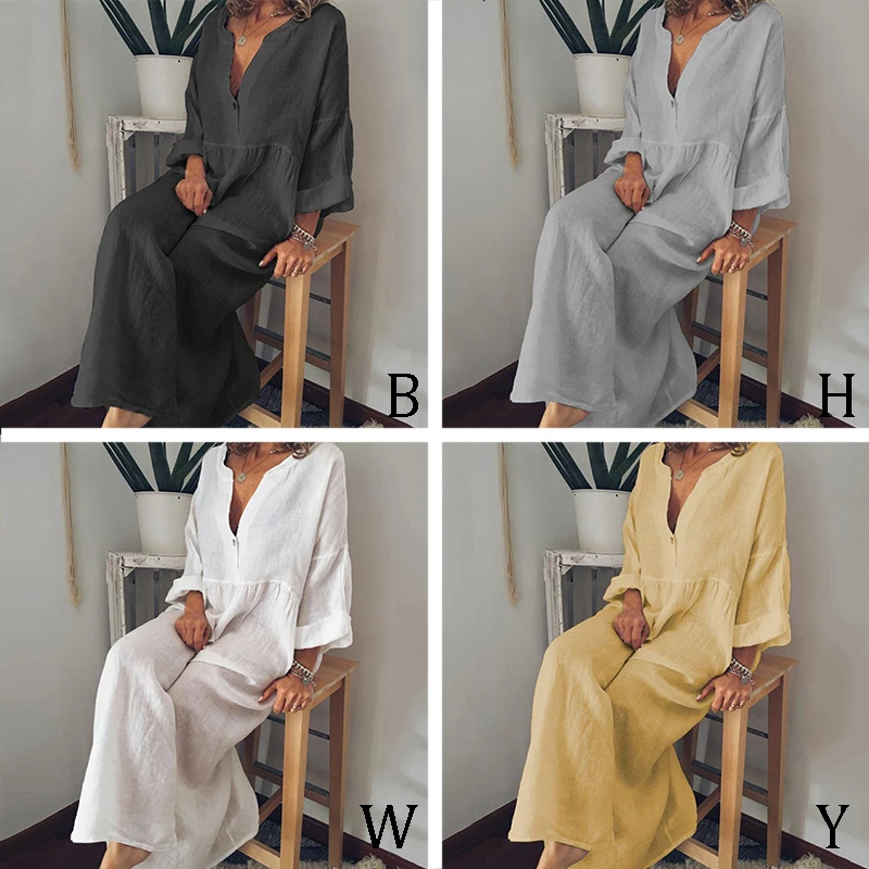 

Autumn Casual Women Dress Loose Solid Button Prairie Chic Femme Pullover Long Sleeve Long Dress W4