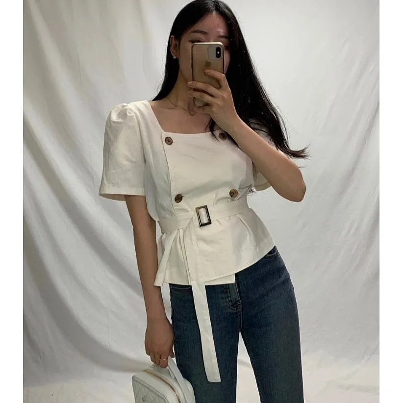 

Korean Chic French Style Retro Elegant Square Collar Double Breasted Waist Slimming All-Matching Western Style Short Shirt Top