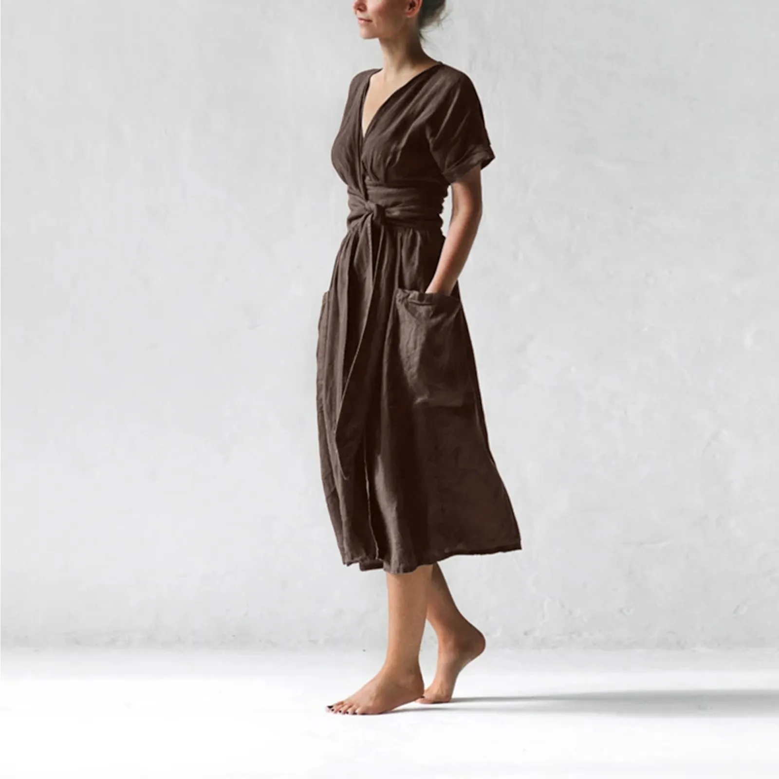 

Ishowtienda Women Casual Solid V-neck Short Sleeve Dress Pocket Split Hem Strap Dress Bandage Dress