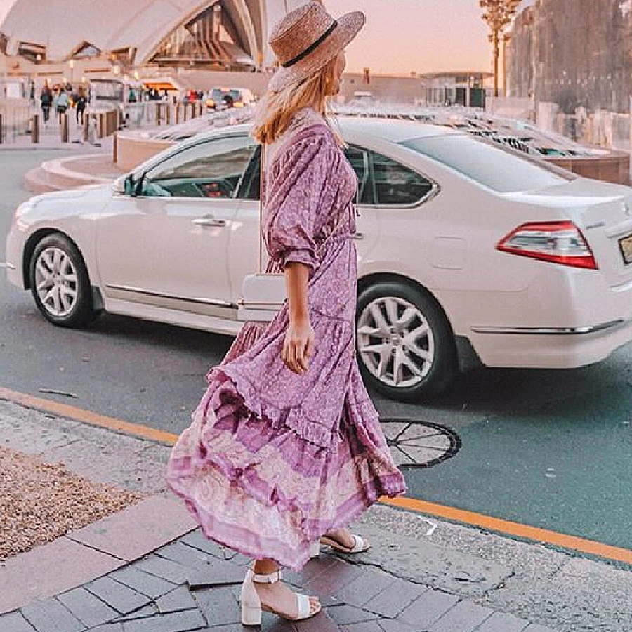 TEELYNN макси женские платья искусственный шелк розовый цветочный принт цыганские